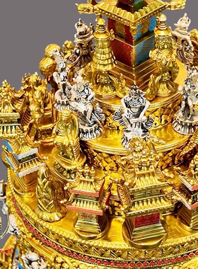 新款精品曼扎盘坛城尼泊尔工艺纯铜手工錾刻居家供奉象宝底座摆件