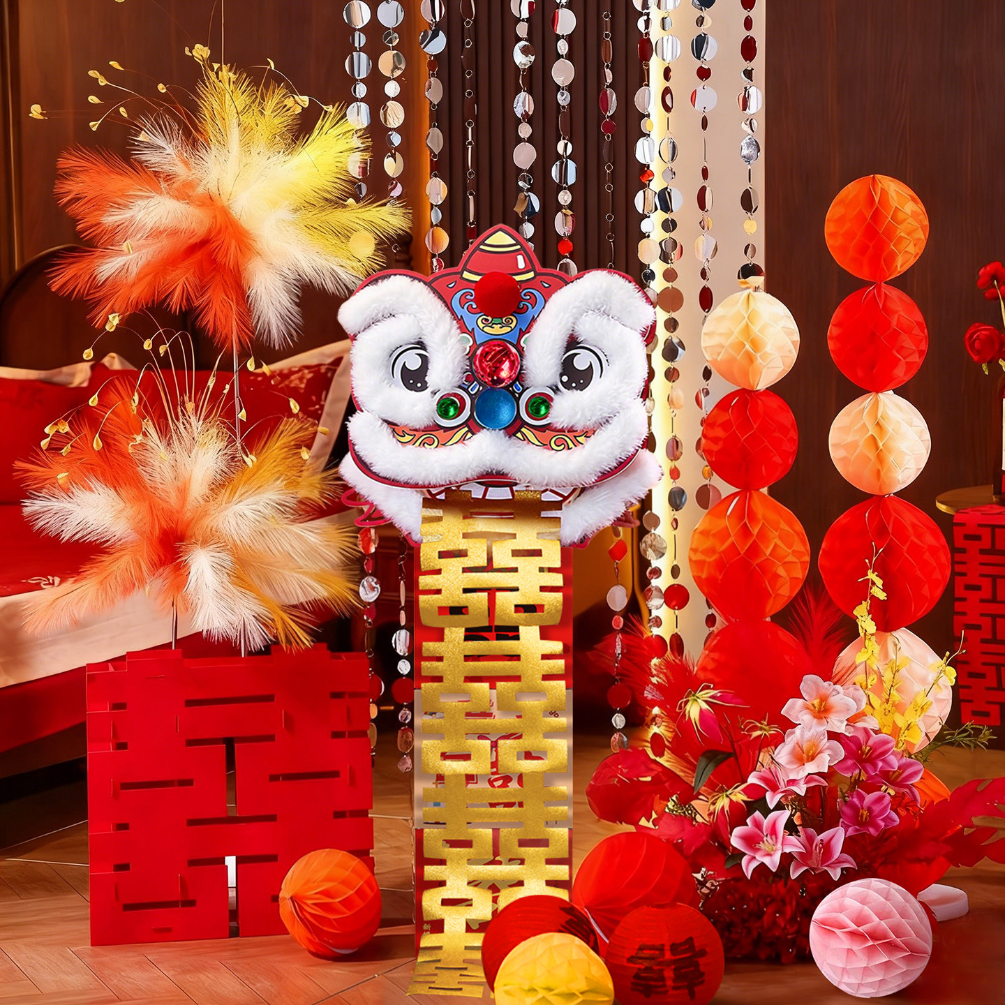 结婚醒狮布置套装婚房客厅狮子头落地摆件晨袍拍照道具订婚礼用品,淘宝优惠券,粉丝福利购,淘宝优惠卷