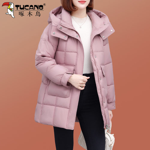 啄木鸟粉色中长款羽绒棉服女士冬季2025新款加厚保暖洋气夹棉外套 - 图2