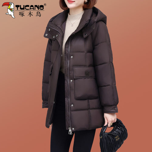 啄木鸟粉色中长款羽绒棉服女士冬季2025新款加厚保暖洋气夹棉外套 - 图3