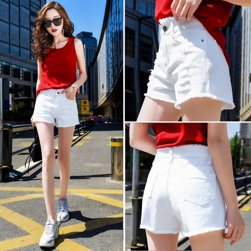 白色牛仔短裤女夏薄款2022新款韩版高腰宽松显瘦百搭破洞阔腿热裤