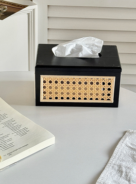 实木藤编纸巾盒复古新中式