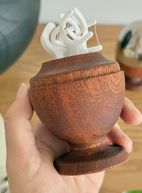 复古创意不锈钢盖实木蛋形牙签牙线棉签收纳罐茶几桌面装饰摆件