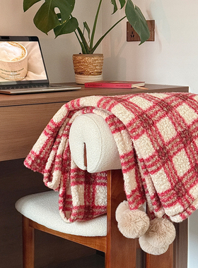 格纹羊卷妮毛毯双面球球盖毯摆件复古毯子柔软加厚沙发毯午睡毯