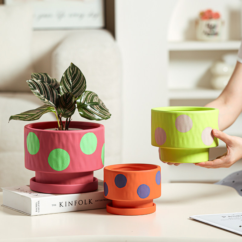 多巴胺陶瓷花盆创意大口径波点兰花多肉盆栽清新桌面绿植陶土室外,淘宝优惠券,粉丝福利购,淘宝优惠卷