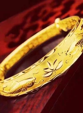 新款沙金手镯女款实心荷花金鱼推拉可调节可水洗久不掉色手环送礼