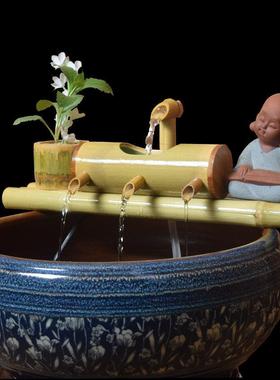 流水摆件石槽鱼池过滤器办公室桌面招财水景竹子喷泉竹筒流水陶瓷