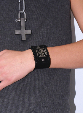 美式复古十字架镶嵌真皮配饰手环