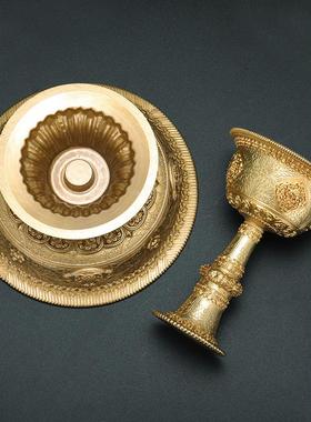 藏式民族黄铜八吉祥高脚雕花丝护法杯圣水杯佛前供水家用供具