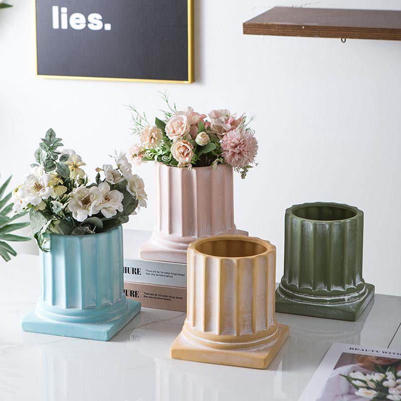 罗马柱造型陶瓷花盆有孔带托盘摆件花瓶花卉仿真鲜花绿萝红陶花器,淘宝优惠券,粉丝福利购,淘宝优惠卷