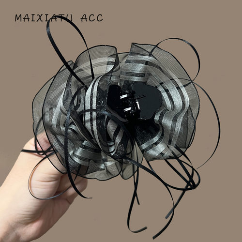 TKTK韩系黑白线条丸子夹抓夹女2025新款气质高马尾发夹鲨鱼夹百搭 - 图1