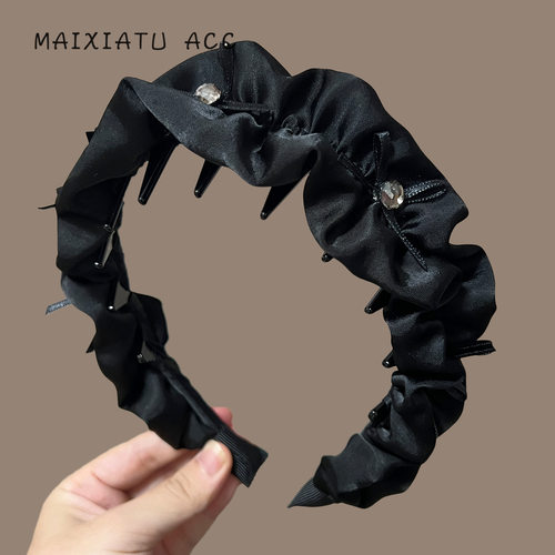 TKTK月光织梦宽边发箍精致缎面水钻蝴蝶结褶皱头箍高颅顶显脸小 - 图2