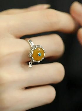 稀奇古怪的戒指可转动祈福轮戒指女复古做旧莲花平安扣气质中国民