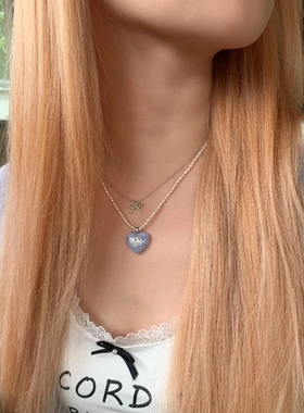 闪光的心2系列蓝纹爱心煳蝶结双层项链原创925银耳环戒指项链套装