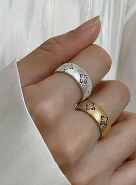 四叶草开口可调节戒指女复古拉丝重工高级感小众轻奢设计食指指环