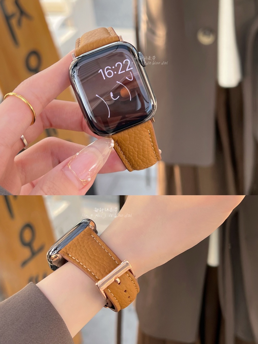 适用于苹果iWatchs9手表表带s8新款s7德国Togo真皮软商务表带男女applewatch456SE高级感秋冬款细表带皮质 - 图1