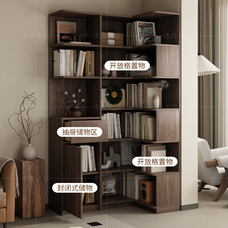 中古风实木转角书柜家用客厅落地收纳柜法式复古书房展示柜置物架,淘宝优惠券,粉丝福利购,淘宝优惠卷