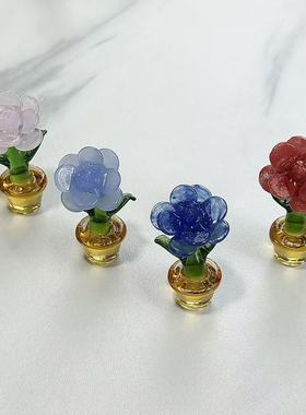 手工琉璃玫瑰花小花盆栽玻璃仿真车载装饰品摆件办公室电脑桌