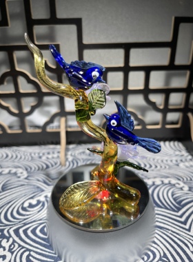 淄博大师治愈系小众摆件琉璃花蓝鸟迷你仿真手作艺术手作品枝头鸟