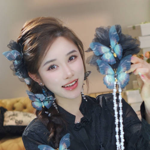 蝴蝶流苏抓夹女发夹后脑勺鲨鱼夹古风新中式大号网纱超仙幻蝶头饰 - 图2
