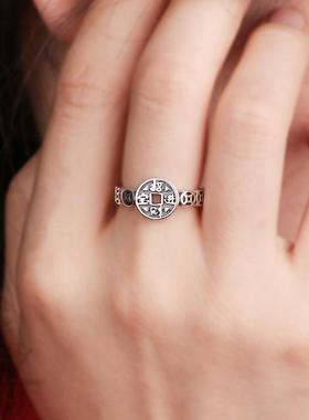 道家饰品纯银招财进宝戒指女聚财首饰开口可调节复古铜钱足银指环
