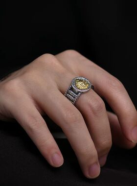 925银黄财神戒指男士款复古藏式转动六字真言食指可调节指环国潮