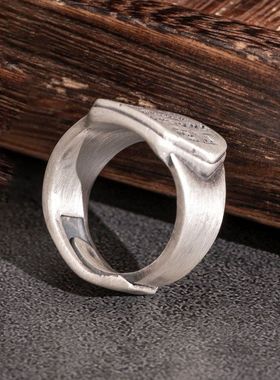 925纯银山鬼花钱戒指男款复古中式个性手工开口可调节指环