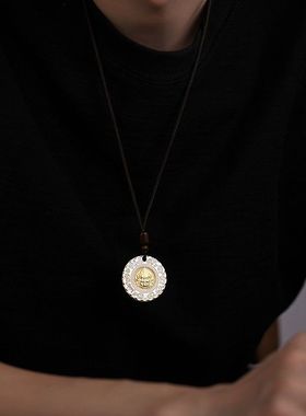 纯银描金黄财神圆牌吊坠男女款