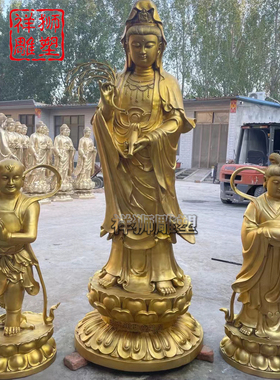 祥狮雕塑黄铜贴金金童玉女摆件