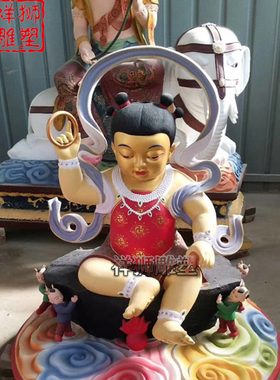 彩绘铜雕文殊普贤佛像摆件供奉