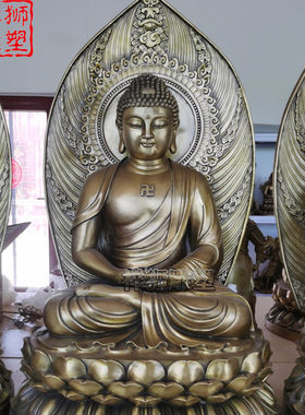 铜雕娑婆三圣佛像带背光制作批发