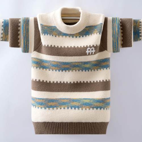 中大童毛衣男童冬季加厚针织衫男孩条纹2025冬装新款加绒保暖衣 - 图1