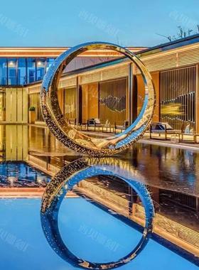 创意不锈钢圆环雕塑镂空发光月亮景观雕塑售楼部广场喷泉水景