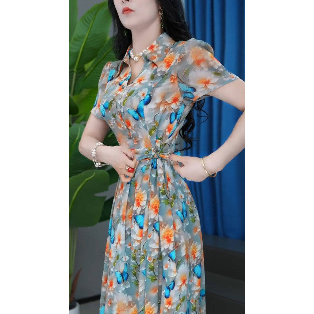 2025年夏季新款时尚短袖连衣裙女气质收腰显瘦中长款印花休闲裙子,淘宝优惠券,粉丝福利购,淘宝优惠卷