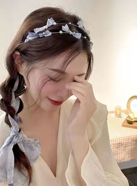 蓝色双层蝴蝶结发箍夏天超仙发带