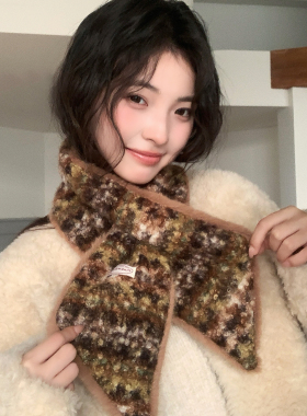复古灰色豹纹交叉小领巾围巾女