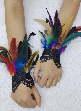 万圣节蕾丝羽毛袖口化妆舞会服装配饰哥特式手套袖套护腕羽毛腿环