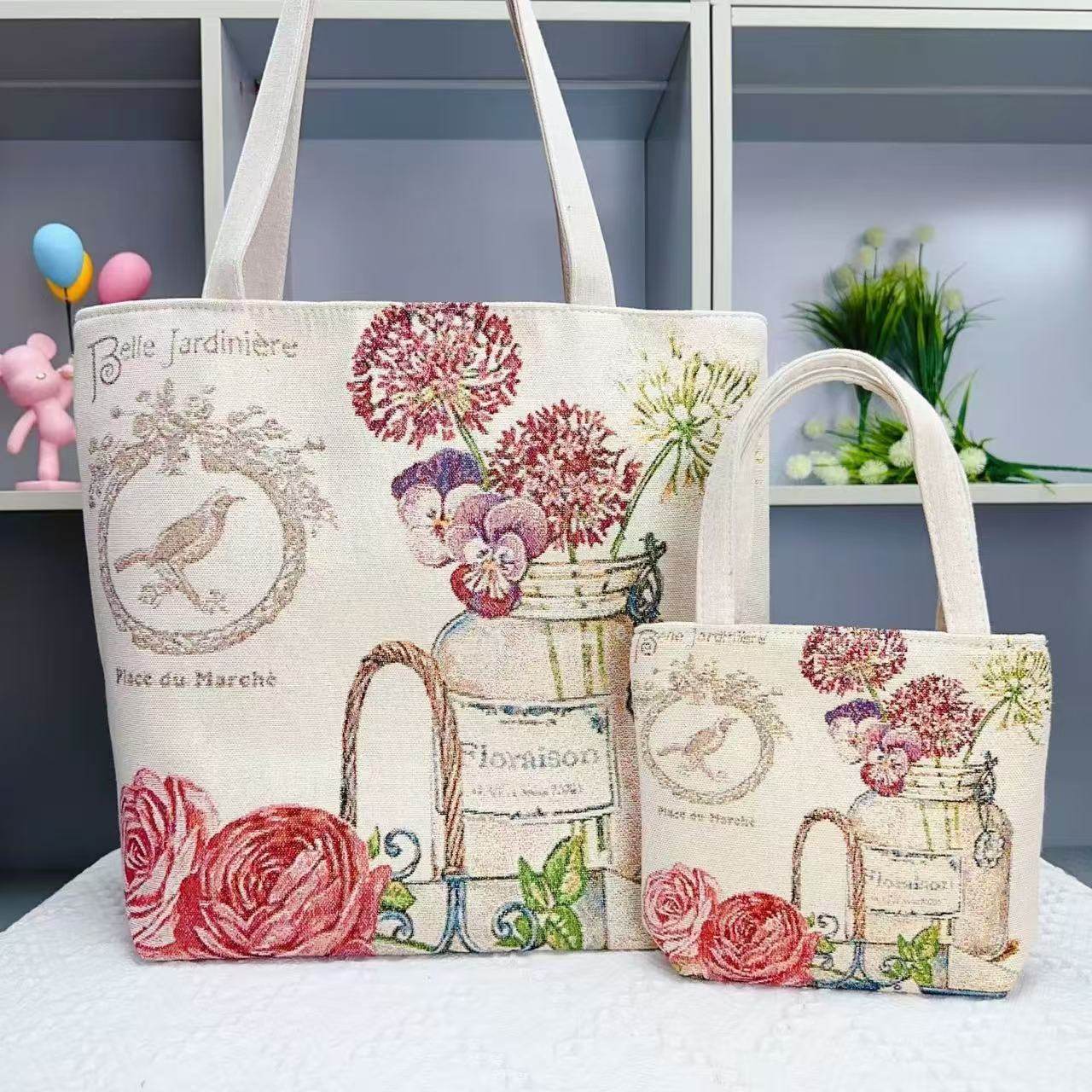 瓶中花双面金丝提花刺绣帆布手提包单肩包休闲文艺学生上班通勤包,淘宝优惠券,粉丝福利购,淘宝优惠卷