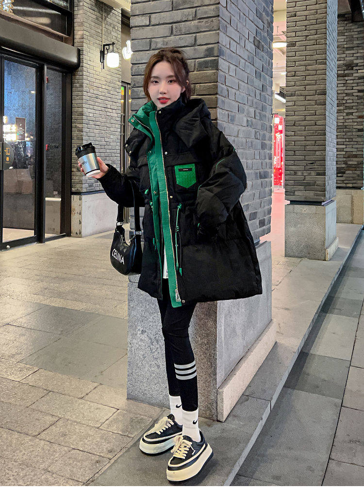 欧货拼接黑色中长款羽绒棉服女2023年冬季新款小个子时尚爆款外套,淘宝优惠券,粉丝福利购,淘宝优惠卷