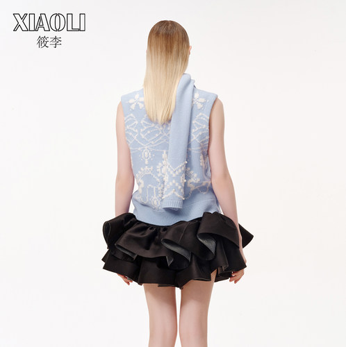 【XIAOLI筱李】复古浪漫风蓝色费尔岛针织印花仿珍珠背心25秋新品 - 图1