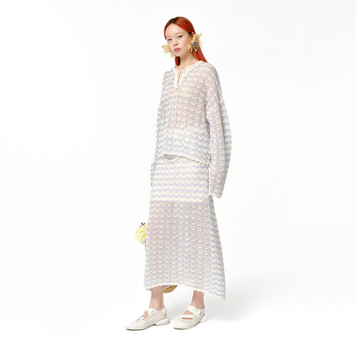 【设计师品牌XIAOLI筱李】蓝白镂空钩花半裙长裙（不含腰链） - 图0