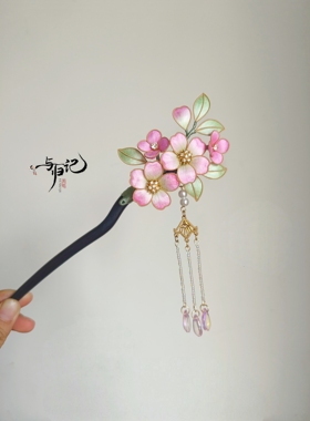 与归记桃花发簪非遗绒花黑檀木盘发簪子国风花朵流苏仙气发夹头饰