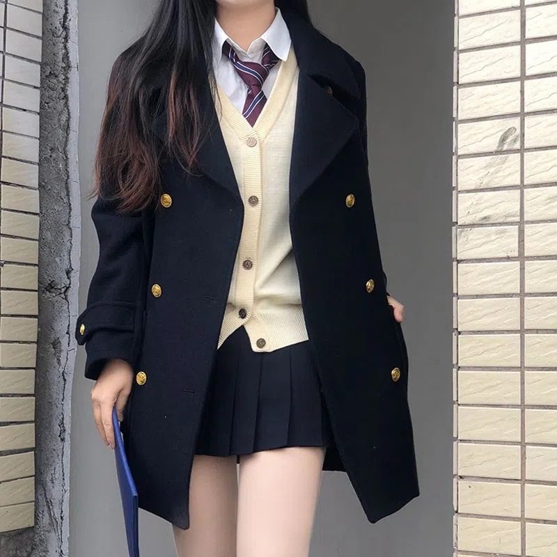【秋冬季日系学院风校供感毛呢外套女jk制服双排扣百搭通勤呢子大,淘宝优惠券,粉丝福利购,淘宝优惠卷