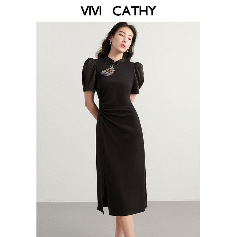 VIVICATHY大码新中式微胖旗袍连衣裙