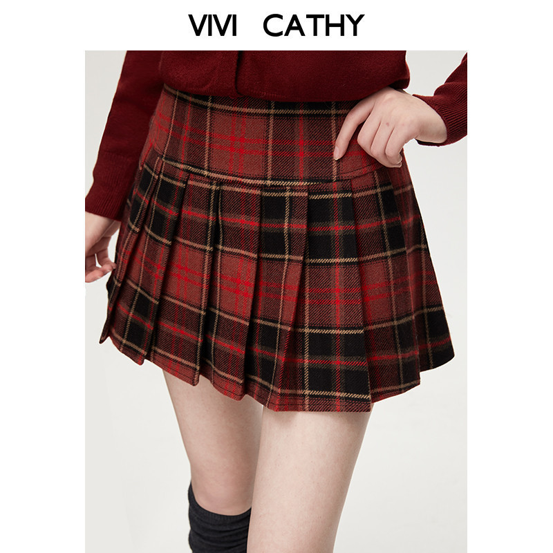 VIVICATHY2025秋冬韩系格纹半身裙女高腰a字毛呢裙新年红百褶裙,淘宝优惠券,粉丝福利购,淘宝优惠卷