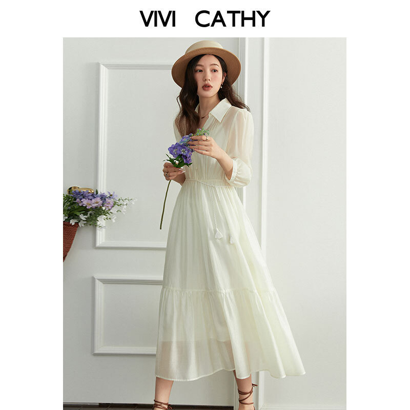 法式V领微胖MM衬衫连衣裙