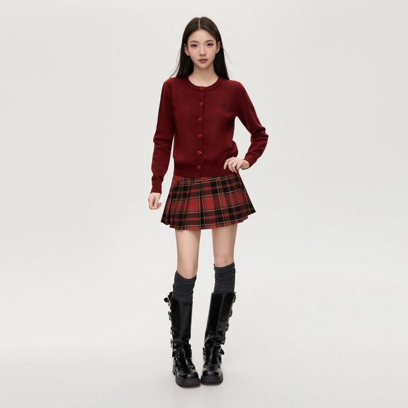 VIVICATHY2025秋冬韩系格纹半身裙女高腰a字毛呢裙新年红百褶裙,淘宝优惠券,粉丝福利购,淘宝优惠卷