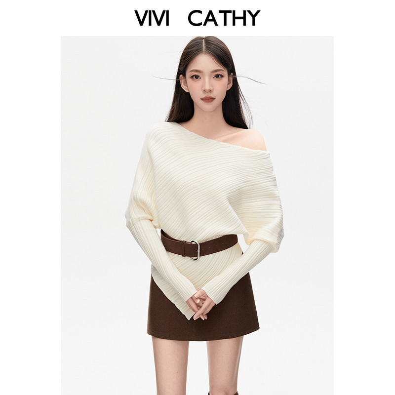 VIVICATHY一字肩针织衫上衣女2025秋冬季新款慵懒高级感白色毛衣,淘宝优惠券,粉丝福利购,淘宝优惠卷