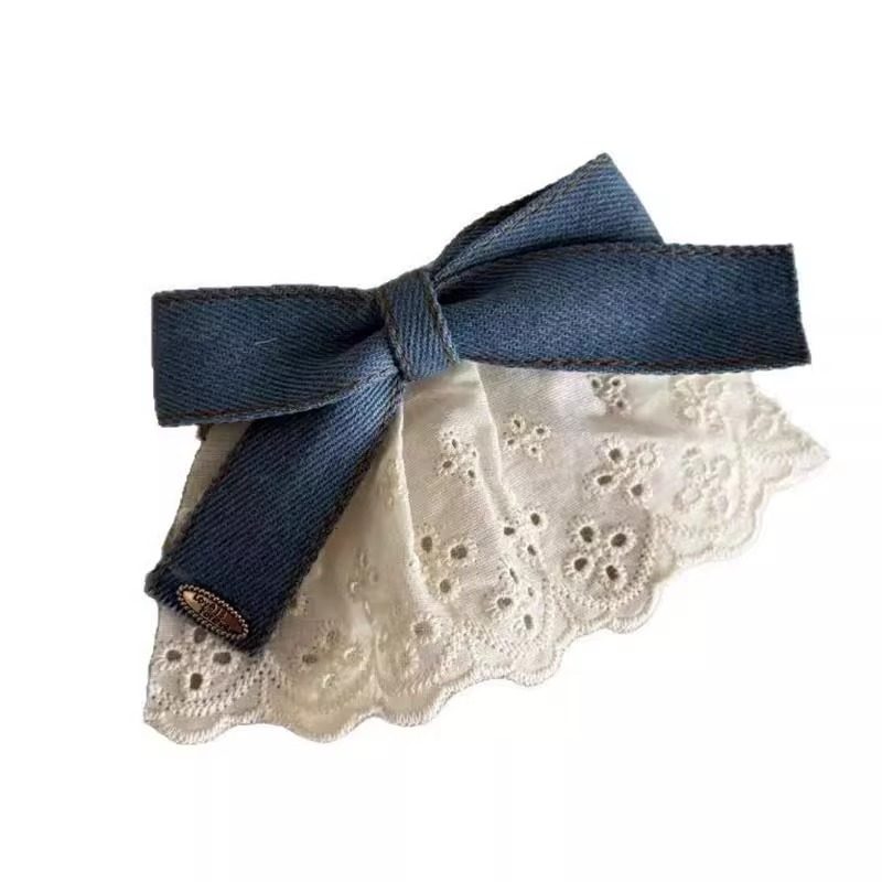 韩系文艺蓝色牛仔蝴蝶结蕾丝发夹女高级感可爱发卡夹子头饰弹簧夹,淘宝优惠券,粉丝福利购,淘宝优惠卷