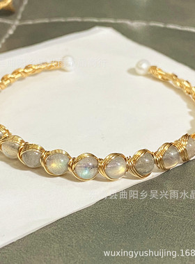 14k包金绕线手镯 白珍珠彩碧玺天然拉长石月光石红玛瑙手链手镯